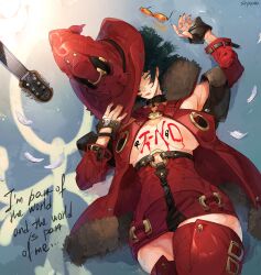 Rule 34 | 1girl, absurdres, belt, black gloves, black hair, blue eyes, boots, breasts, brown belt, cleavage, detached sleeves, electric guitar, english text, fingerless gloves, gloves, guilty gear, guitar, hat, highres, i-no, instrument, jacket, open clothes, open jacket, red footwear, red hat, red lips, red nails, shadow, short hair, shorts, shpr0ta, solo, thigh boots, witch hat