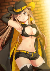 Rule 34 | 1girl, ;), armpits, azur lane, belt, bikini, black bikini, black footwear, black gloves, black shorts, blush, boots, bow, breasts, brown eyes, brown hair, cleavage, cloak, cosplay, cowboy shot, dress, elbow gloves, gloves, grin, groin, hand on headwear, hat, head tilt, highres, hornet (azur lane), hornet (azur lane) (cosplay), kantai collection, large breasts, long hair, looking at viewer, murasame (kancolle), navel, one eye closed, parted lips, short shorts, shorts, sidelocks, skirt, smile, solo, standing, stomach, swimsuit, thigh boots, thighhighs, twintails, two side up, yasume yukito