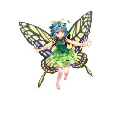 Rule 34 | 1girl, :d, antennae, barefoot, blue hair, brown eyes, butterfly wings, eternity larva, full body, game cg, green shirt, green skirt, highres, insect wings, leaf, leaf on head, looking at viewer, open mouth, outstretched arms, rotte (1109), shirt, short hair, short sleeves, simple background, skirt, smile, solo, third-party source, touhou, touhou lostword, white background, wings