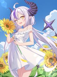 Rule 34 | 1girl, bare shoulders, day, demon girl, demon horns, demon tail, dress, field, flower, flower field, grey hair, hair between eyes, highres, holding, holding flower, hololive, horns, la+ darknesss, long hair, multicolored hair, off-shoulder dress, off shoulder, outdoors, pointy ears, purple hair, quarterlift, solo, streaked hair, sunflower, sunflower field, tail, tail raised, twintails, very long hair, virtual youtuber, white dress, yellow eyes, yellow flower
