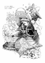 Rule 34 | 1girl, blunt bangs, bow, bubble, closed mouth, collared capelet, commentary request, crescent, crystal, dress, frilled dress, frills, full body, greyscale, half-closed eyes, hanada hyou, hat, hat bow, high collar, holding, holding wand, light frown, long dress, long hair, long sleeves, monochrome, patchouli knowledge, sidelocks, sitting, solo, sparkle, straight hair, touhou, translation request, wand, wide sleeves, witch hat