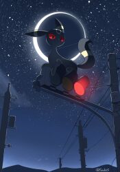 black_eyes closed_mouth colored_sclera commentary_request creatures_(company) fu_6uk game_freak gen_2_pokemon highres looking_down moon night nintendo no_humans pokemon pokemon_(creature) red_sclera traffic_light twitter_username umbreon