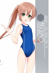 Rule 34 | 1girl, akigumo (kancolle), artist name, blue one-piece swimsuit, brown hair, character name, commentary request, competition swimsuit, cowboy shot, flat chest, green eyes, hair ribbon, highres, inaba shiki, kantai collection, long hair, looking at viewer, mole, mole under eye, one-piece swimsuit, open mouth, ponytail, ribbon, simple background, smile, solo, standing, swimsuit, white background