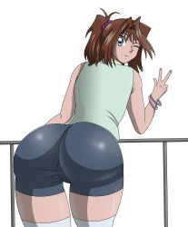 Rule 34 | 1girl, absurdres, ass, bare shoulders, blue eyes, brown hair, from behind, guja, hair ornament, hair scrunchie, highres, huge ass, leaning, leaning forward, looking at viewer, looking back, mazaki anzu, one eye closed, scrunchie, shiny clothes, shiny skin, short hair, short shorts, shorts, smile, solo, thighhighs, transparent background, v, wink, yu-gi-oh!
