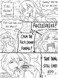 Rule 34 | 3girls, anger vein, animal, blood, blood from mouth, breasts, bug, burning, cleavage, cockroach, comic, commentary, covered mouth, crossover, dress, english text, fang, finger gun, fire, girls&#039; frontline, greyscale, guin guin, hair between eyes, hair ornament, hair scrunchie, high ponytail, insect, kantai collection, long hair, lying, medium breasts, mk48 (girls&#039; frontline), monochrome, multiple girls, on back, open mouth, pkp (girls&#039; frontline), pleated skirt, s.a.t.8 (girls&#039; frontline), scrunchie, side ponytail, skirt, sleeveless, sleeveless dress, snot, sparkle, tears, trembling, very long hair