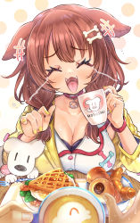 Rule 34 | 1girl, 1other, :3, :d, animal collar, animal ears, blush, bone hair ornament, bracelet, braid, breast rest, breasts, brown eyes, brown hair, buttons, cartoon bone, chocolate cornet, cleavage, closed eyes, coffee, collar, commentary, creature, croissant, cup, dog ears, dog girl, dog tail, dress, english commentary, eyelashes, fangs, food, hair between eyes, hair ornament, hairclip, highres, holding, holding cup, hololive, hoso-inu, inugami korone, inugami korone (1st costume), jacket, jewelry, kamiya zuzu, large breasts, latte art, laughing, listener (inugami korone), long hair, looking at viewer, low twin braids, low twintails, mug, nail polish, off shoulder, open mouth, polka dot, polka dot background, pov, pov hands, red collar, smile, tail, teardrop, tongue, twin braids, twintails, virtual youtuber, white dress, yellow jacket, yellow nails