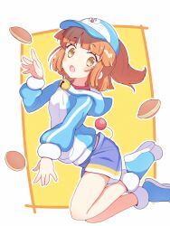 Rule 34 | 1girl, arle nadja, blue footwear, blue headwear, blue shorts, blush stickers, brown eyes, brown hair, character hat, cosplay, doraemon, doraemon (character), doraemon (character) (cosplay), dorayaki, eyelashes, floating, food, highres, hood, hood down, hooded sweater, jazz grace, long sleeves, looking at viewer, open mouth, ponytail, puyopuyo, puyopuyo quest, shorts, solo, sweater, tail, wagashi