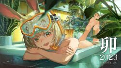 Rule 34 | 1girl, 2023, absurdres, animal ears, ass, barefoot, bath, blonde hair, chinese zodiac, diving mask, feet, goggles, goggles on head, hayateluc, highres, nail polish, nude, open mouth, orange eyes, orange nails, original, plant, procreate (medium), rabbit ears, soles, solo, year of the rabbit
