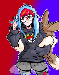 Rule 34 | 1girl, aged up, backpack, bag, bidul (bidul72476120), blue background, blue hair, blush, breasts, cowboy shot, creatures (company), game freak, glasses, hand in pocket, highres, hood, hoodie, looking to the side, medium breasts, multicolored hair, nintendo, nose blush, penny (pokemon), pokemon, pokemon sv, red background, red hair, round eyewear, solo, two-tone hair