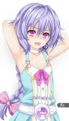 Rule 34 | 1girl, areola slip, armpits, arms behind head, artist name, braid, breasts, dhiparizky, hair ribbon, highres, neptune (series), open mouth, pink eyes, purple hair, pururut, ribbon, shaded face, small breasts, smile, solo, sweat