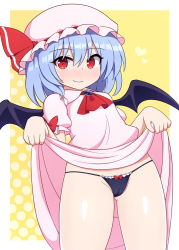 Rule 34 | 1girl, bat wings, black panties, blue hair, blush, bow, bow panties, brooch, cameltoe, cleft of venus, clothes lift, commentary request, frilled shirt collar, frilled sleeves, frills, hat, hat ribbon, jewelry, lifting own clothes, looking to the side, micro panties, mob cap, panties, puffy short sleeves, puffy sleeves, red bow, red eyes, red ribbon, remilia scarlet, ribbon, rizento, short hair, short sleeves, skirt, skirt lift, smile, solo, sweatdrop, thong, touhou, underwear, wings