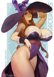 Rule 34 | 1girl, adapted costume, animal ears, aurahack, blue background, border, breasts, brown hair, character name, cleavage, cowboy shot, dragon&#039;s crown, fake animal ears, hair over one eye, hat, highres, large breasts, long hair, purple hat, purple skirt, rabbit ears, rabbit tail, red eyes, skirt, smile, solo, sorceress (dragon&#039;s crown), standing, white border, witch hat, wristband