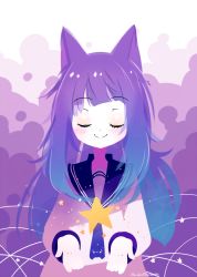 Rule 34 | + +, 1girl, animal ears, artist name, blouse, blue hair, blue sailor collar, blush, cat ears, closed eyes, colored skin, commentary, facing viewer, gradient hair, long hair, long sleeves, looking at viewer, multicolored hair, original, projecttiger, purple background, purple hair, sailor collar, school uniform, serafuku, shirt, signature, smile, solo, split mouth, star-shaped pupils, star (symbol), symbol-shaped pupils, tagme, thumbnail surprise, transparent, transparent background, two-tone hair, white shirt, white skin