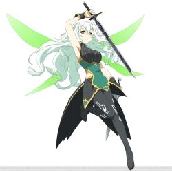 Rule 34 | 1girl, black pantyhose, breasts, dress, dual wielding, fairy, fairy wings, green dress, green wings, highres, holding, holding sword, holding weapon, large breasts, long hair, long pointy ears, lux (sao), multiple wings, non-web source, pantyhose, pointy ears, solo, spread wings, sword, sword art online, very long hair, weapon, white hair, wings, yellow eyes