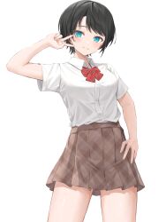 Rule 34 | 1girl, alternate costume, aqua eyes, black hair, blush, bow, bowtie, brown skirt, closed mouth, collared shirt, commentary, cowboy shot, hand on own hip, hand up, highres, hololive, looking at viewer, norio (noriosub), oozora subaru, plaid, plaid skirt, pleated skirt, red bow, red bowtie, school uniform, shirt, shirt tucked in, short hair, short sleeves, simple background, skirt, smile, solo, swept bangs, v, v over eye, virtual youtuber, white background, white shirt