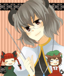 Rule 34 | 3girls, :3, animal ears, bad id, bad pixiv id, bespectacled, braid, brown hair, cat ears, cat girl, cat tail, chen, chibi, earrings, fang, female focus, glasses, grey hair, hair ribbon, hat, jewelry, kaenbyou rin, kurosawa kazuto, mouse ears, multiple girls, multiple tails, nazrin, pendant, pointer, raako, red eyes, red hair, ribbon, short hair, tail, touhou, twin braids, twintails