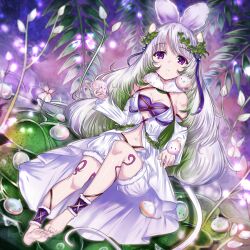 1girl bare_shoulders barefoot bloomers blush breasts detached_sleeves duel_monster flower holding kalian leaf leaf_on_head leg_tattoo long_hair looking_at_viewer medium_breasts midriff monster_girl navel parted_lips plant plant_girl purple_eyes sitting soles solo tattoo traptrix_cularia underwear water white_flower white_hair wrist_cuffs yu-gi-oh!