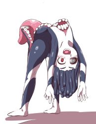 Rule 34 | 1girl, amane03, ass, barefoot, drooling, feet, female focus, flat chest, futakuchi-onna, heterochromia, highres, monster girl, original, red eyes, simple background, solo, teeth, tentacle hair, tongue, upside-down, white background