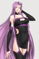 Rule 34 | 1girl, adapted costume, adjusting hair, alternate costume, black detached sleeves, black dress, black neckwear, black thighhighs, breasts, choker, cleavage, cleavage cutout, clothing cutout, covered navel, cowboy shot, detached sleeves, dress, facial mark, fate/stay night, fate (series), female focus, forehead mark, grey background, grin, highres, hikichi sakuya, large breasts, long hair, looking at viewer, medusa (fate), medusa (rider) (fate), purple eyes, purple hair, rectangular pupils, revealing clothes, simple background, smile, solo, standing, strapless, strapless dress, thighhighs, type-moon, very long hair