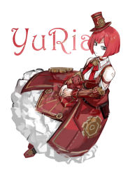 Rule 34 | 1girl, black eyes, character name, dress, frilled skirt, frills, gears, hat, highres, long dress, mini hat, nishikujic, project moon, red hair, red ribbon, ribbon, short hair, skirt, stuffed animal, stuffed toy, teddy bear, the distortion detective, white background, yuria (project moon)