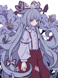 Rule 34 | 1girl, absurdres, baggy pants, bow, closed mouth, collared shirt, flower, fujiwara no mokou, grey hair, hair bow, highres, kame (kamepan44231), long hair, long sleeves, one-hour drawing challenge, pants, purple flower, red eyes, red pants, shirt, sleeve garter, solo, suspenders, touhou, white background, white bow, white shirt