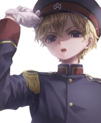 Rule 34 | 1boy, adjusting clothes, adjusting headwear, blonde hair, epaulettes, gloves, hand up, kiyomiya tenryu, long sleeves, looking at viewer, male focus, polye, solo, uniform, upper body, white background, white gloves, witch watch