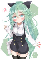 1girl absurdres alternate_costume bag black_thighhighs blue_eyes blush casual commentary_request contemporary green_hair hair_between_eyes hair_ornament hair_ribbon hairclip highres kantai_collection long_hair looking_at_viewer ribbon ridy_(ri_sui) shopping_bag solo thighhighs yamakaze_(kancolle) zettai_ryouiki