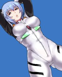 Rule 34 | 1girl, alternate breast size, arms behind head, ayanami rei, blue background, blue hair, bodysuit, breasts, large breasts, lowres, matoyama, neon genesis evangelion, parted lips, plugsuit, red eyes, solo
