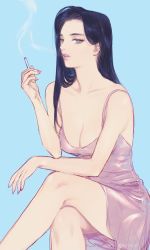 Rule 34 | 1girl, absurdres, alternate costume, battle tendency, black hair, blue background, blue eyes, breasts, cigarette, cleavage, feet out of frame, highres, holding, holding cigarette, jojo no kimyou na bouken, crossed legs, lisa lisa, medium breasts, nail polish, parted lips, pink nails, purin (iddunpg), simple background, sitting, smoke, smoking, solo