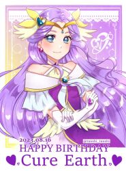 Rule 34 | 1girl, birthday, blue eyes, character name, circlet, cure earth, dated, dress, earrings, elbow gloves, fuurin asumi, gloves, gradient background, hair ornament, healin&#039; good precure, heart, heart hair ornament, jewelry, leaf earrings, lips, long hair, looking at viewer, magical girl, pom pom (clothes), pom pom earrings, precure, purple background, purple dress, purple hair, smile, solo, tanshi tanshi, tiara, twitter username, very long hair, white background, white gloves, yellow background