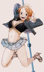 Rule 34 | 1girl, arm up, bare legs, breasts, cleavage, collared jacket, cropped vest, denim, denim jacket, full body, groin, high heels, highres, holding, holding staff, jacket, long sleeves, looking at viewer, microskirt, midair, midriff, nami (one piece), navel, one piece, open clothes, open jacket, open mouth, orange eyes, orange hair, short hair, simple background, skirt, smile, solo, staff, stomach, teeth, urasanmyaku, vest
