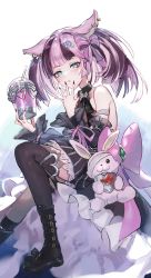 Rule 34 | 1girl, animal ears, bandaged arm, bandages, bare shoulders, black footwear, black nails, black thighhighs, boots, bow, choker, closed mouth, cup, detached sleeves, ear bar, erune, eyeshadow, granblue fantasy, green eyes, hair bow, hair ornament, highres, holding, holding cup, lips, makeup, manamel, medium hair, multicolored hair, nail polish, pink hair, purple hair, shiromimin, solo, stuffed animal, stuffed rabbit, stuffed toy, thighhighs, twintails, two-tone hair