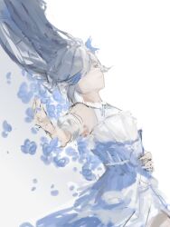 Rule 34 | 1girl, bare shoulders, bird hair ornament, blue eyes, blue flower, blue hair, closed mouth, dress, earrings, flower, fu hua, fu hua (azure empyrea), fu hua (cerulean court), fuhualess, grey hair, hair ornament, hair over one eye, halter dress, halterneck, hand on own stomach, highres, honkai (series), honkai impact 3rd, jewelry, long hair, looking at viewer, lying, multicolored clothes, multicolored dress, official alternate costume, on back, simple background, sleeveless, sleeveless dress, solo, wedding dress, white background, white dress