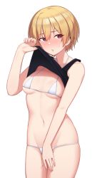 Rule 34 | 1girl, bikini, black shirt, blonde hair, breasts, clothes lift, commentary request, covering privates, covering crotch, cowboy shot, hair between eyes, halterneck, halterneck, hand up, highres, idolmaster, idolmaster shiny colors, legs together, lifting own clothes, micro bikini, mitsukazu (nijigen complex), navel, open mouth, purple eyes, saijo juri, shirt, shirt lift, simple background, small breasts, solo, standing, stomach, swimsuit, white background, white bikini