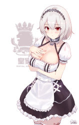 Rule 34 | absurdres, anchor choker, azur lane, bad id, bad pixiv id, black dress, blush, breast hold, breasts, choker, cleavage, cowboy shot, dress, embarrassed, emblem, frilled choker, frills, hair between eyes, hairband, hand on own chest, heart, heart-shaped eyewear, highres, lace-trimmed hairband, lace trim, large breasts, looking at viewer, maid, red eyes, ribbon-trimmed legwear, ribbon trim, see-through, short hair, short sleeves, simple background, sirius (azur lane), standing, thighhighs, white background, white dress, white frills, white hair, white legwear, ziddol