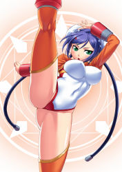 Rule 34 | 1girl, android, aq interactive, arcana heart, arcana heart 3, atlus, blue hair, blush, breasts, bun cover, cable, chinese clothes, covered erect nipples, covered navel, double bun, examu, flexible, green eyes, hair ornament, hairclip, high kick, kicking, large breasts, leg up, legs, leotard, mei-fang, misao (kami no misoshiru), open mouth, purple hair, short hair, shrug (clothing), solo, split, standing, standing on one leg, thighhighs, thighs, twintails