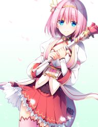 Rule 34 | 1girl, blue eyes, bob cut, closed mouth, cowboy shot, hairband, highres, holding, holding wand, looking at viewer, pink hair, pink thighhighs, pleated skirt, princess connect!, red skirt, shirt, short hair, simple background, skirt, smile, solo, split mouth, standing, thighhighs, wand, white background, white shirt, yellow hairband, yui (princess connect!), yuzuki kotona, zettai ryouiki