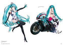 Rule 34 | 1girl, aqua eyes, aqua hair, artist name, bare shoulders, biker clothes, bikesuit, black footwear, blue eyes, bodysuit, boots, breasts, cleavage, crown, elbow gloves, full body, gloves, goodsmile company, goodsmile racing, green hair, hatsune miku, headphones, headset, unworn headwear, helmet, unworn helmet, high heel boots, high heels, highres, itasha, leaning against motorcycle, leg up, long hair, looking at viewer, medium breasts, motor vehicle, motorcycle, official art, page number, race queen, racing miku, racing miku (2013), saitou masatsugu, simple background, sitting, sleeveless, smile, solo, thigh boots, thighhighs, twintails, vocaloid, white background