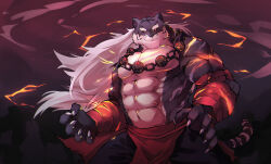 Rule 34 | 1boy, abs, absurdres, bara, claws, closed mouth, fangs, furry, furry male, highres, long hair, looking at viewer, male focus, muscular, muscular male, pectorals, red eyes, sdorica, solo, tiger boy, topless male, white hair, yao (sdorica), yed (yedsilent)