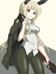 Rule 34 | 1girl, a9b (louis814), absurdres, blonde hair, coat, grete m. gollob, gun, head wings, highres, long hair, looking at viewer, military, military coat, military uniform, panties, panties under pantyhose, pantyhose, parted lips, red eyes, solo, strike witches, underwear, uniform, unworn coat, weapon, weapon request, wings, world witches series