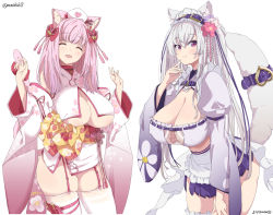 Rule 34 | ^ ^, animal ear fluff, animal ears, belt, blush, breasts, cleavage, closed eyes, copyright request, detached sleeves, flower, garter straps, hair flower, hair ornament, hands up, hat, heart, highres, japanese clothes, kichihachi, large breasts, long hair, long sleeves, looking at viewer, medium hair, miyako miyuri, mole, mole on breast, nurse cap, obi, open mouth, pink eyes, pink hair, puffy long sleeves, puffy sleeves, purple belt, sash, simple background, smile, tail, thighhighs, thighs, underboob, virtual youtuber, white background, white hair, white sleeves, white thighhighs, wide sleeves