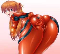 Rule 34 | 1girl, adapted costume, alternate breast size, ass, ass focus, ass grab, blue eyes, blush, breasts, butt crack, cameltoe, censored, curvy, grabbing own ass, hair ornament, highres, huge ass, large breasts, long hair, looking at viewer, looking back, naughty face, neon genesis evangelion, nipples, open mouth, pink background, pixiv1478062, plugsuit, pussy, shiny clothes, shiny skin, skin tight, solo, souryuu asuka langley, spread pussy, standing, twintails, two side up