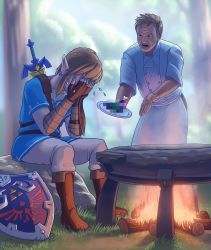 Rule 34 | 2boys, apron, bad food, blonde hair, blue eyes, boots, brown footwear, brown gloves, cauldron, censored, censored food, covering face, crying, daniel castro maia, earrings, failure, fingerless gloves, fire, gloves, gordon ramsay, grass, hell&#039;s kitchen, highres, holding, holding plate, hylian shield, jewelry, knee boots, link, male focus, master sword, meme, mosaic censoring, multiple boys, nintendo, outdoors, pants, plate, pointy ears, real life, sheath, sheathed, shield, short sleeves, sidelocks, sitting, standing, tears, the legend of zelda, the legend of zelda: breath of the wild, tree, tunic, waist apron, weapon, weapon on back, white apron, white pants, wood