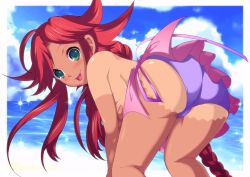 Rule 34 | 1girl, :p, ahoge, ass, blush, braid, breasts squeezed together, breasts, day, enoo, green eyes, long hair, medium breasts, rebecca streisand, red hair, sidelocks, sky, smile, solo, sparkle, swimsuit, tan, tanline, tongue, tongue out, topless, wild arms, wild arms 5