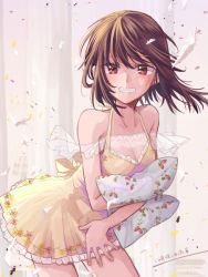 Rule 34 | 1girl, blush, breasts, brown hair, cleavage, dress, feathers, floral print, food print, frilled dress, frills, grin, highres, holding, holding pillow, medium breasts, original, pillow, red eyes, short hair, smile, solo, strawberry print, yami (m31), yellow dress