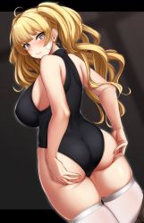 Rule 34 | 1girl, absurdres, ahoge, ass, ass support, bandaid, bandaid on face, bare arms, bare shoulders, black leotard, blonde hair, blurry, blurry background, blush, breasts, brown eyes, cameltoe, closed mouth, commentary request, depth of field, dutch angle, from behind, granblue fantasy, highres, kusahagane, large breasts, leotard, looking at viewer, looking back, monika weisswind, sideboob, skindentation, solo, thighhighs, twintails, v-shaped eyebrows, white thighhighs