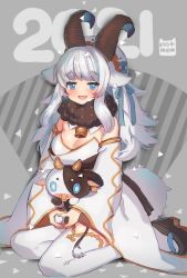 Rule 34 | 1girl, animal ears, bell, black footwear, blue hair, blush, breasts, chinese zodiac, cleavage, cow ears, detached sleeves, highres, horns, large breasts, long hair, long sleeves, looking at viewer, multicolored hair, neck bell, noamem, open mouth, original, smile, solo, stuffed cow, thighhighs, white hair, white thighhighs, year of the ox
