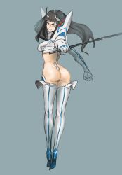Rule 34 | 10s, 1girl, ass, back, bad id, bad pixiv id, black hair, blue eyes, boots, dimples of venus, elbow gloves, frown, gloves, hair ornament, high heel boots, high heels, highres, hong doo, junketsu, kill la kill, kiryuuin satsuki, long hair, midriff, revealing clothes, reverse grip, solo, sword, thigh boots, thighhighs, thong, weapon