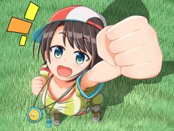 Rule 34 | 1girl, backwards hat, baseball cap, black hair, clenched hands, commentary request, gradient eyes, grass, hat, highres, hololive, looking at viewer, looking up, multicolored eyes, oozora subaru, oozora subaru (1st costume), open mouth, shadow, shirt, shoes, short sleeves, smile, sneakers, solo, standing, stopwatch, stopwatch around neck, striped clothes, striped shirt, t-shirt, vertical-striped clothes, vertical-striped shirt, virtual youtuber, watch, whistle, whistle around neck, white footwear, woshi