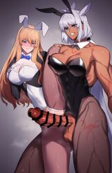 Rule 34 | 1futa, 1girl, animal ears, bar censor, black leotard, blonde hair, blue eyes, blush, bow, bowtie, breasts, caenis (fate), censored, covered navel, crotchless, crotchless leotard, dark-skinned female, dark skin, fake animal ears, fate/grand order, fate (series), futa with female, futanari, genderswap, genderswap (mtf), gloves, grey hair, grin, hair between eyes, highres, holding, holding leash, horse ears, kemonomimi mode, kirschtaria wodime, large breasts, large penis, leash, leotard, looking ahead, looking at penis, looking at viewer, looking down, multiple girls, muscular, muscular female, nail polish, navel, penis, playboy bunny, rabbit ears, sabamori, smile, split, spread legs, standing, standing on one leg, standing split, sweat, tail, tattoo, teeth, testicles, thick thighs, thighhighs, thighs, veins, veiny penis, white gloves, white leotard, white nails